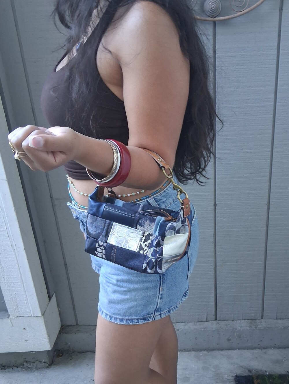 Coach Patchwork Denim Bagette in Navy, Cream and Brown - Picture 3 of 12